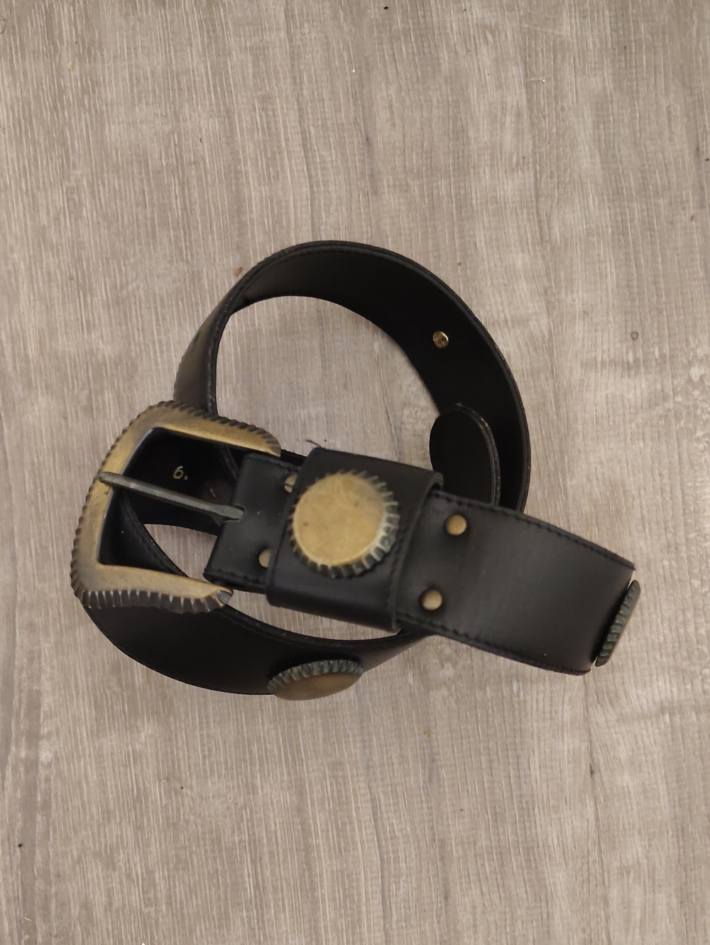 Robbie Nelson Vintage Black Leather Belt with Brass Accents